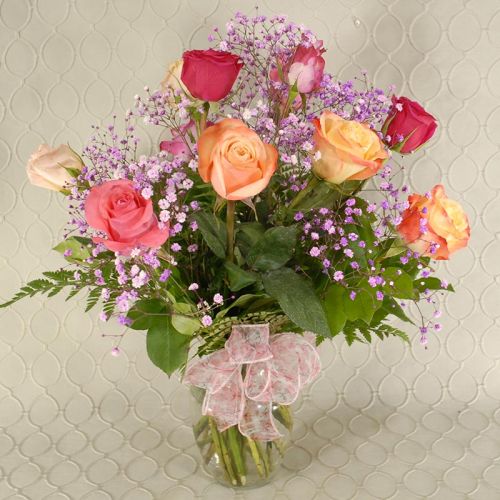 Dozen Mixed Colored Roses With Babies Breath 