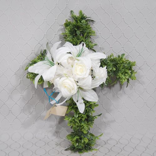 Boxwood Cross with White Flower Arrangement  #1594 (Silk Flower)