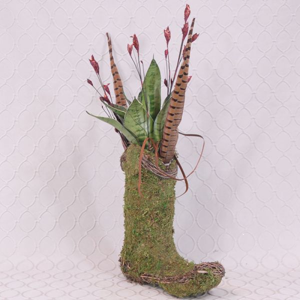 Succulent Garden in a moss Covered Boot #687