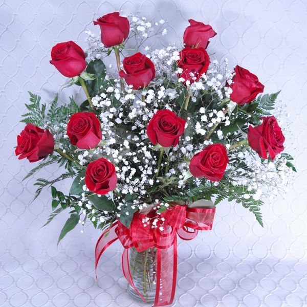 Dozen Roses with Babies Breath (one sided)